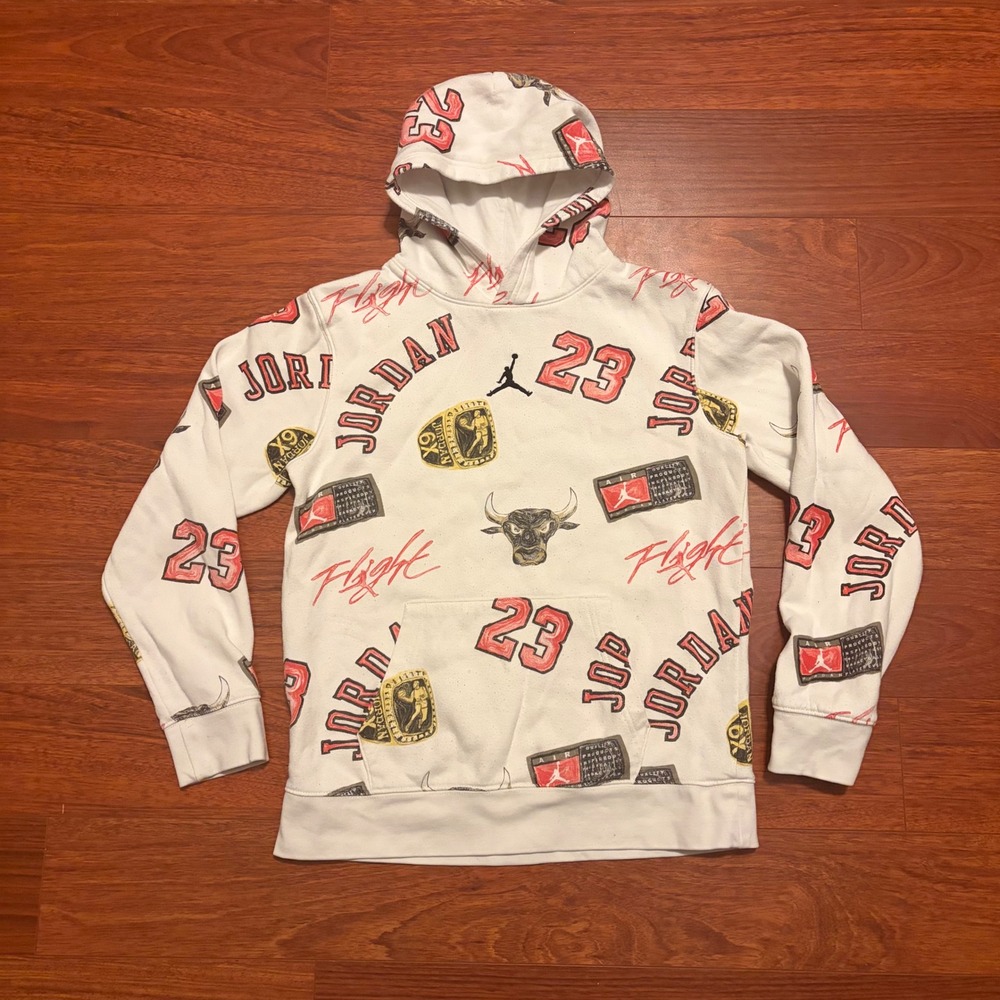 Jordan Boys Flight Hoodie White All Over Print Bulls 23 Championship Ring XL